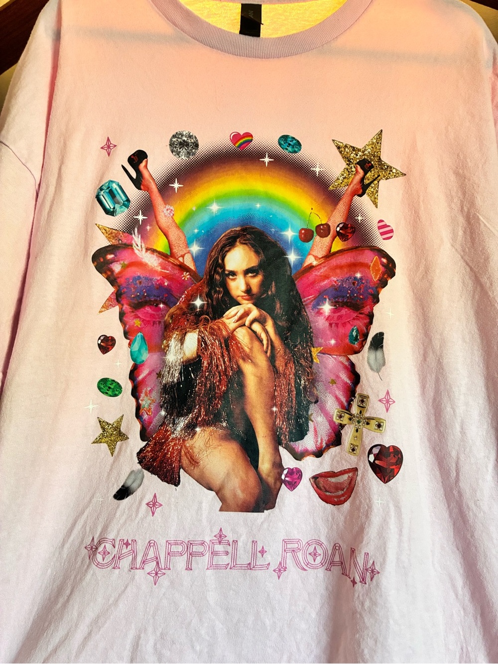 Gildan Pink Chappell Roan Graphic Tee with Butterfly Rainbow
